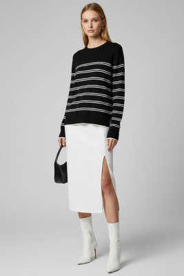 Yatay Çizgili Triko Kazak Siyah - Thumbnail