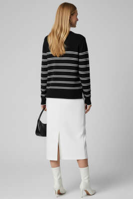 Yatay Çizgili Triko Kazak Siyah - Thumbnail