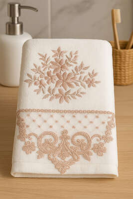 Nakış İşlemeli Kutulu El Yüz Havlusu Pudra - Thumbnail
