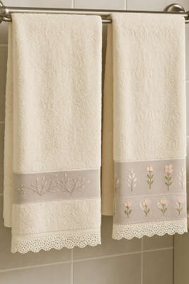 Pazarium - Çiçek Nakışlı Dantelli 2'li El Havlusu Asorti 1