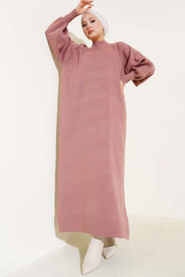 Pazarium - Balon Kol Triko Elbise Gül Kurusu