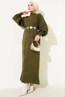 Pazarium - Balon Kol Triko Elbise Haki