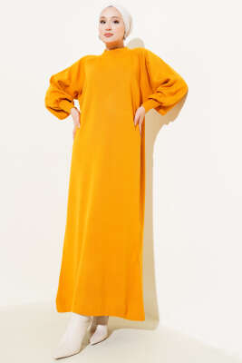 Pazarium - Balon Kol Triko Elbise Hardal