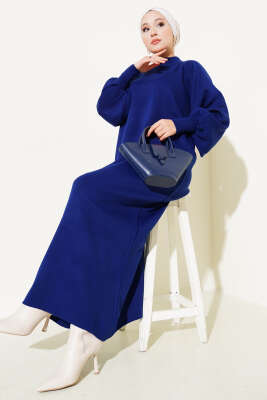 Pazarium - Balon Kol Triko Elbise Lacivert