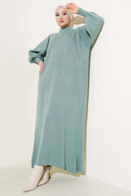 Pazarium - Balon Kol Triko Elbise Mint