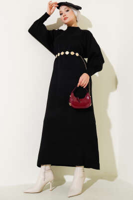 Pazarium - Balon Kol Triko Elbise Siyah