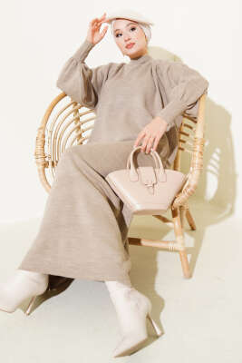 Pazarium - Balon Kol Triko Elbise Vizon