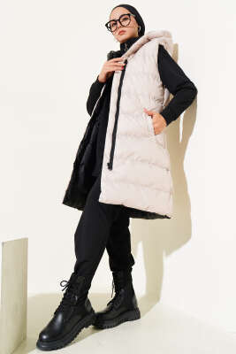 Pazarium - Çift Taraflı Fermuarlı Şişme Yelek Siyah Bej