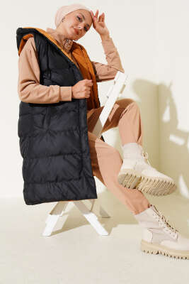 Pazarium - Çift Taraflı Fermuarlı Şişme Yelek Siyah Taba