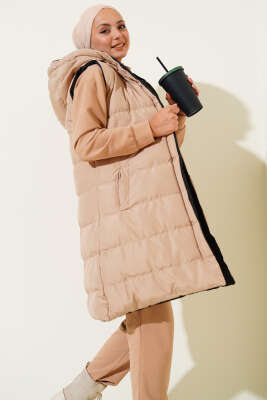 Çift Taraflı Fermuarlı Şişme Yelek Siyah Camel - Thumbnail