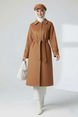 Pazarium - Kuşaklı Düğmeli Kaşe Kaban Taba