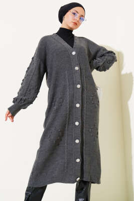 Pazarium - Taşlı Düğmeli Triko Hırka Füme