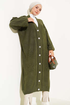 Pazarium - Taşlı Düğmeli Triko Hırka Haki