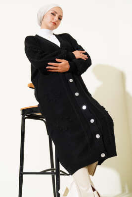 Pazarium - Taşlı Düğmeli Triko Hırka Siyah