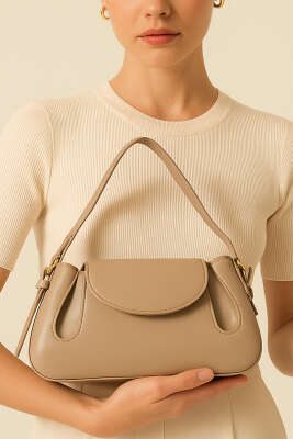 Yan Çıtçıtlı Rugan Çanta Bej - Thumbnail