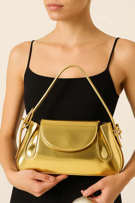 Yan Çıtçıtlı Rugan Çanta Gold - Thumbnail