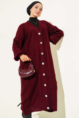 Pazarium - Taşlı Düğmeli Triko Hırka Bordo