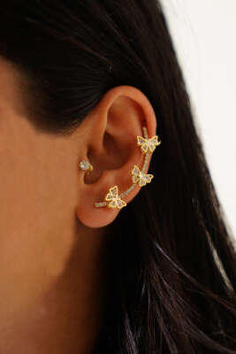 Pazarium - Fiyonklu Tragus Kıkırdak Küpe Gold