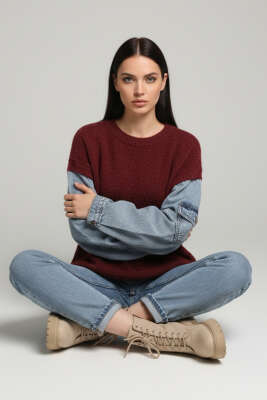 Sakallı Kolları Kot Kazak Bordo - Thumbnail