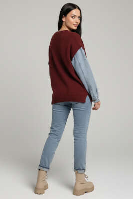 Sakallı Kolları Kot Kazak Bordo - Thumbnail