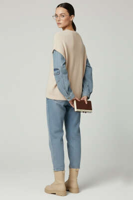 Sakallı Kolları Kot Kazak Ekru - Thumbnail