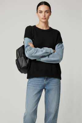 Pazarium - Sakallı Kolları Kot Kazak Siyah