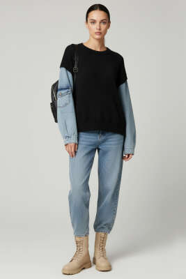 Sakallı Kolları Kot Kazak Siyah - Thumbnail