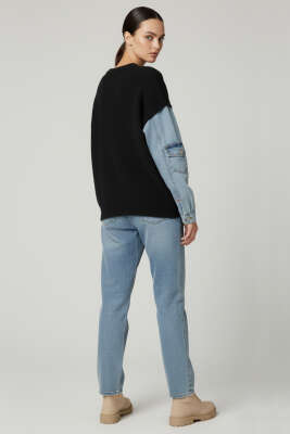 Sakallı Kolları Kot Kazak Siyah - Thumbnail