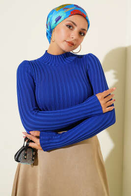 Fitilli Esnek Triko Kazak Saks - Thumbnail