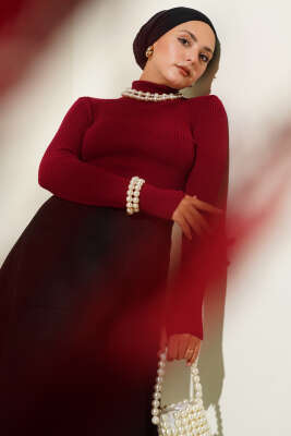 Pazarium - Balıkçı Yaka Parmak Geçirmeli Triko Kazak Bordo