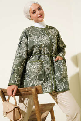 Pazarium - Retro Desen Kapitone Ceket Haki