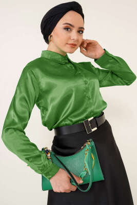 Pazarium - Hafif Dökümlü Saten Gömlek Yeşil