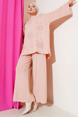 Pazarium - Çiçek Motifli Triko İkili Takım Pudra