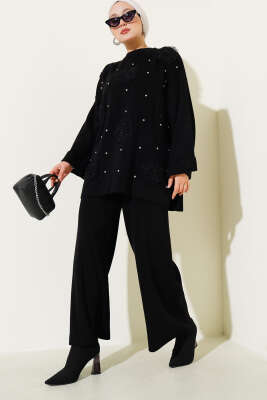 Pazarium - Çiçek Motifli Triko İkili Takım Siyah