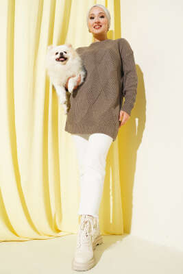 Çizgi Baklava Desen Triko Tunik Vizon - Thumbnail