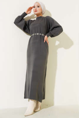 Pazarium - Balon Kol Triko Elbise Antrasit