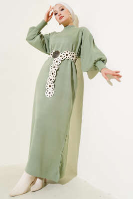 Pazarium - Balon Kol Triko Elbise Çağla Yeşili