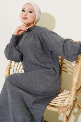 Pazarium - Balon Kol Triko Elbise Füme