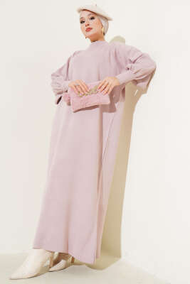 Pazarium - Balon Kol Triko Elbise Pudra