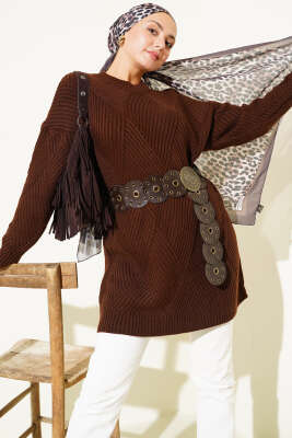 Pazarium - Çizgi Baklava Desen Triko Tunik Kahve