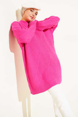 Pazarium - Çizgi Baklava Desen Triko Tunik Fusya