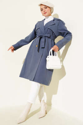 Pazarium - Omuz Apoletli Düğme Detaylı Trençkot İndigo