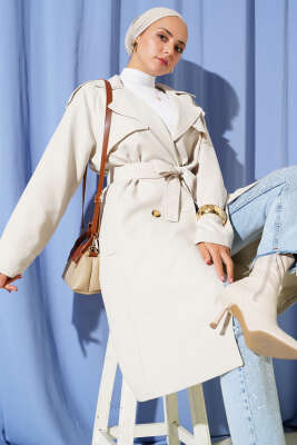 Pazarium - Omuz Apoletli Düğme Detaylı Trençkot Taş