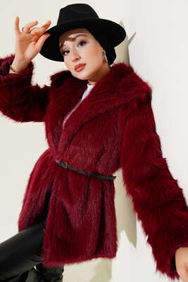 Pazarium - Madonna Yaka Kemerli Kürk Mont Bordo