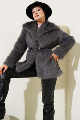 Pazarium - Madonna Yaka Kemerli Kürk Mont Füme