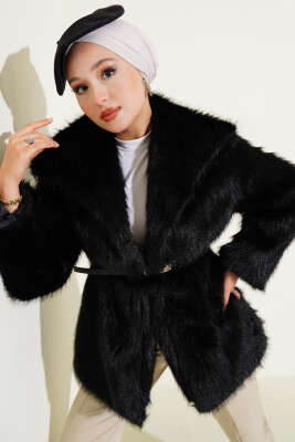 Pazarium - Madonna Yaka Kemerli Kürk Mont Siyah