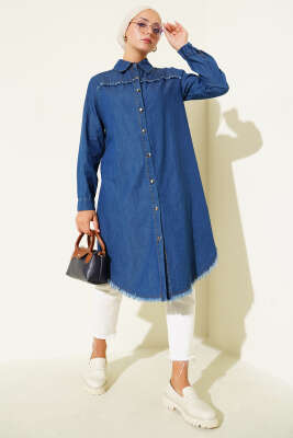 Pazarium - Püskül Detaylı Kot Uzun Tesettür Tunik 