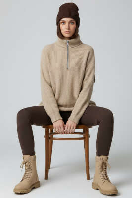 Yaka Fermuarlı Triko Kazak Latte - Thumbnail