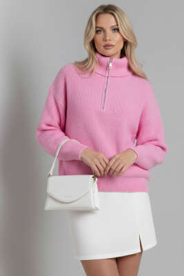 Yaka Fermuarlı Triko Kazak Pembe - Thumbnail