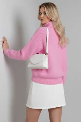 Yaka Fermuarlı Triko Kazak Pembe - Thumbnail